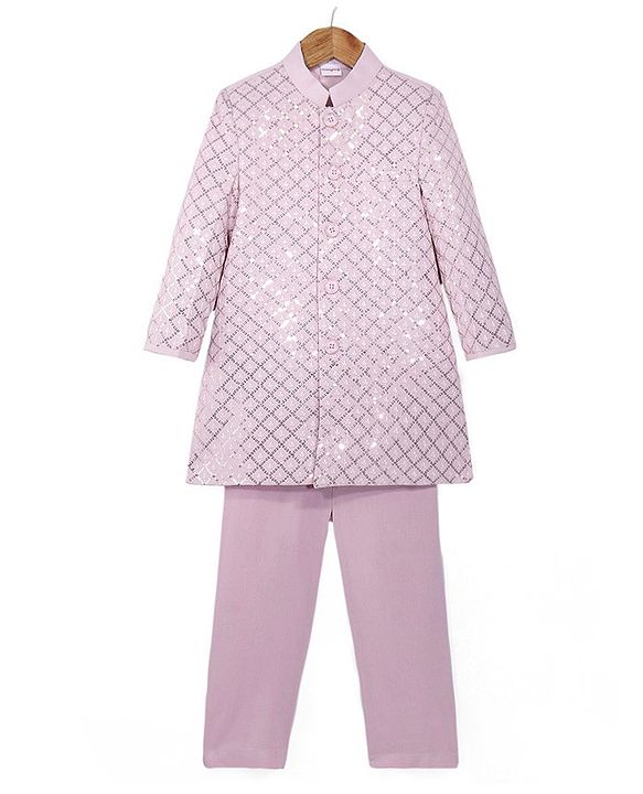 Babyhug Woven Full Sleeves Sequined Floral Embroidered Kurta Pyjama Sherwani Set - Pink