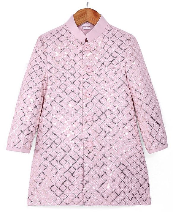Babyhug Woven Full Sleeves Sequined Floral Embroidered Kurta Pyjama Sherwani Set - Pink