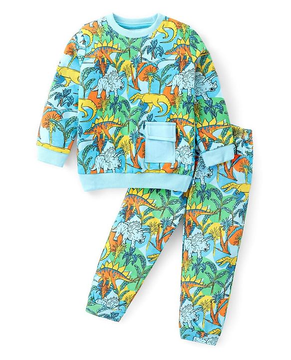 Babyhug Cotton Knit Full Sleeves Dino Printed T-Shirt & Lounge Pants Co-Ord Set - Blue