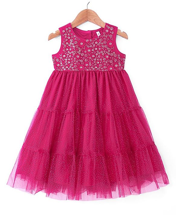 Babyhug Woven Sleeveless Sequin Embroidered Ethnic Tiered Dress - Fuschia