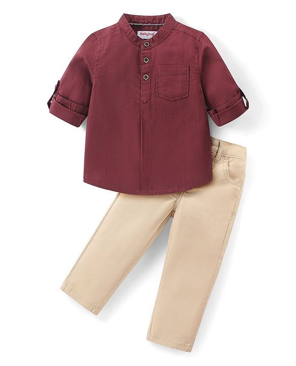 Babyhug Cotton Woven Full Sleeves Mandarin Collared Solid Kurta Shirt & Lounge Pants Set - Maroon & Beige