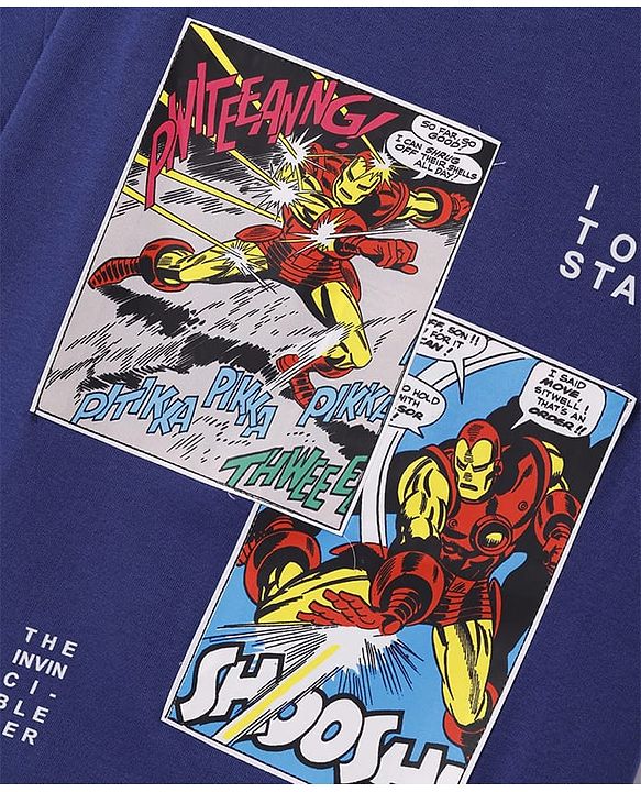 Pine Kids Marvel Terry Knit Drop Shoulder Oversized T-Shirt With Iron Man Graphic - Navy Blue