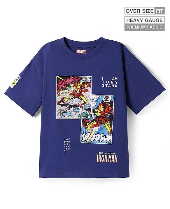 Pine Kids Marvel Terry Knit Drop Shoulder Oversized T-Shirt With Iron Man Graphic - Navy Blue