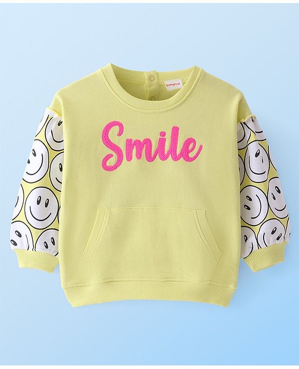 Babyhug Cotton Knit Full Sleeves Drop Shoulder Sweatshirt With Smiley Print - Lime Green