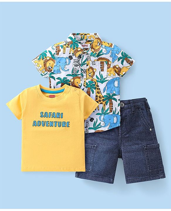 Babyhug Cotton Woven Half Sleeves Shirt With T-Shirt & Denim Shorts Set Safari Adventure Themed - Multicolor