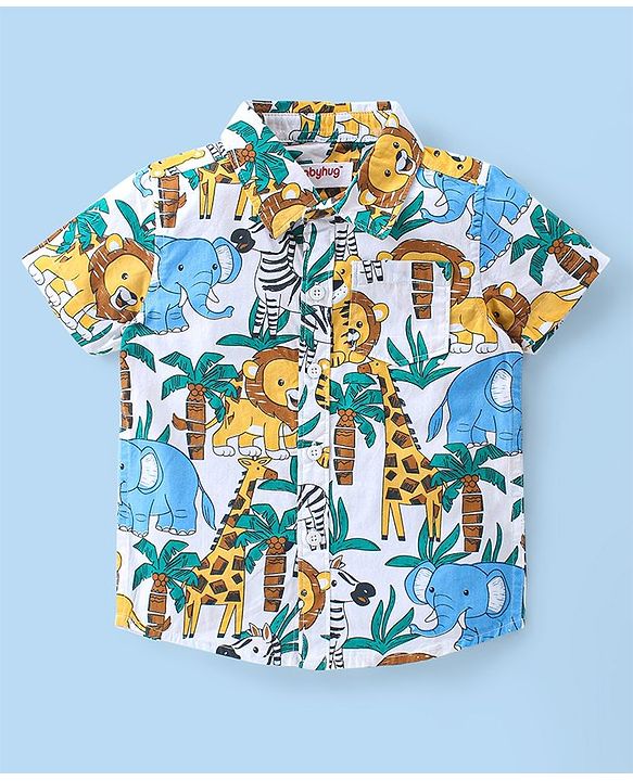 Babyhug Cotton Woven Half Sleeves Shirt With T-Shirt & Denim Shorts Set Safari Adventure Themed - Multicolor