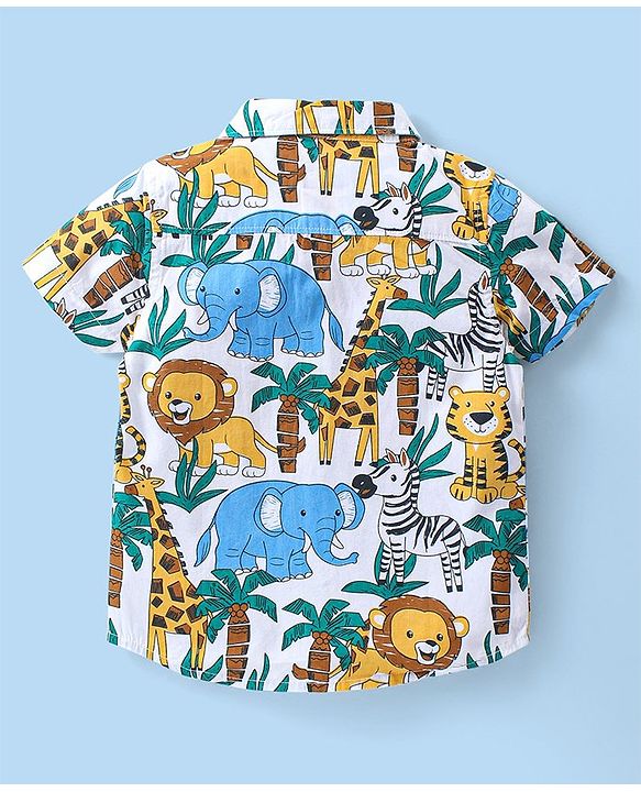 Babyhug Cotton Woven Half Sleeves Shirt With T-Shirt & Denim Shorts Set Safari Adventure Themed - Multicolor