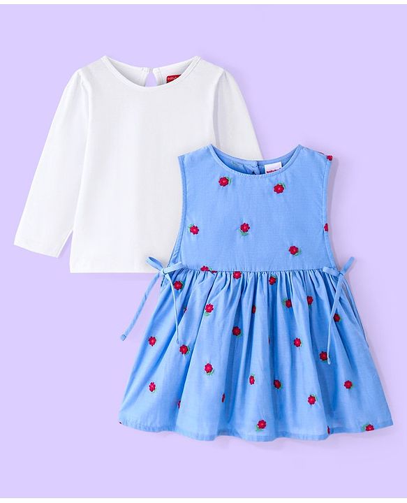 Babyhug Cotton Knit Full Sleeves Top with Frock Floral Embroidery - Blue