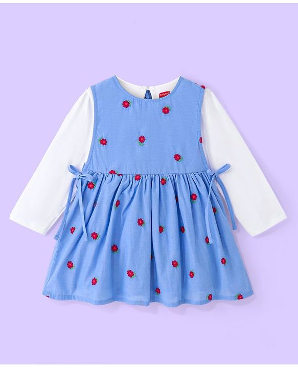 Babyhug Cotton Knit Full Sleeves Top with Frock Floral Embroidery - Blue