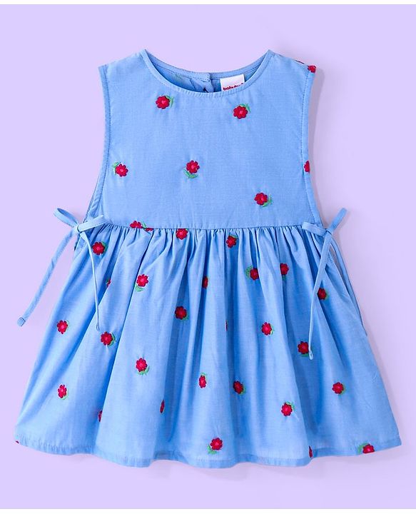Babyhug Cotton Knit Full Sleeves Top with Frock Floral Embroidery - Blue