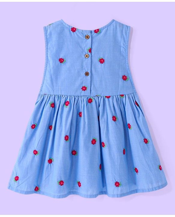 Babyhug Cotton Knit Full Sleeves Top with Frock Floral Embroidery - Blue