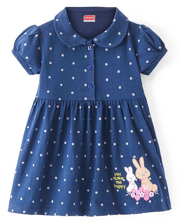 Babyhug Single Jersey Half Sleeves Frock with Polka Dots Print & Bunny Embroidery - Navy Blue