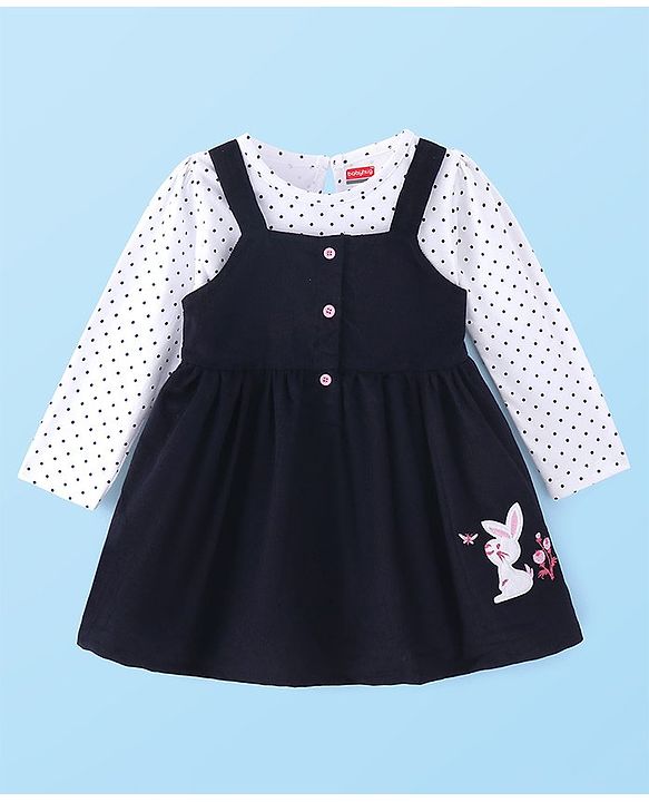 Babyhug Single Jersey Knit Frock With Full Sleeves Inner Tee Bunny Embroidered & Polka dots Print- Navy