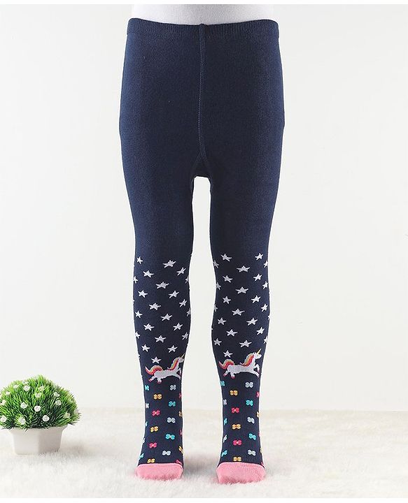 Cute Walk by Babyhug Antibacterial Footie Tights with Star & Unicorn Design - Navy