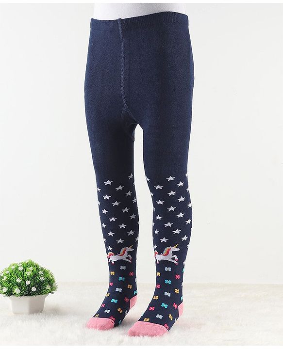 Cute Walk by Babyhug Antibacterial Footie Tights with Star & Unicorn Design - Navy