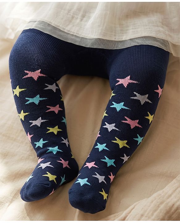 Cute Walk by Babyhug Antibacterial Footie Tights with Star   Design - Navy Blue