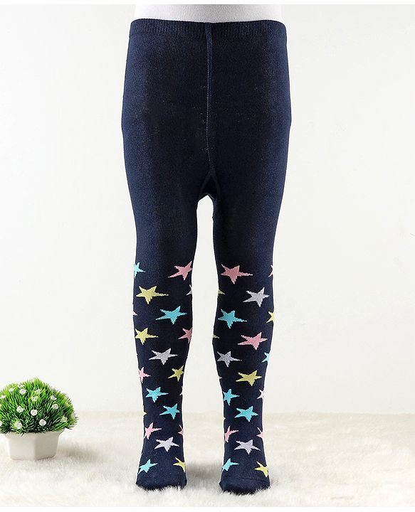 Cute Walk by Babyhug Antibacterial Footie Tights with Star   Design - Navy Blue