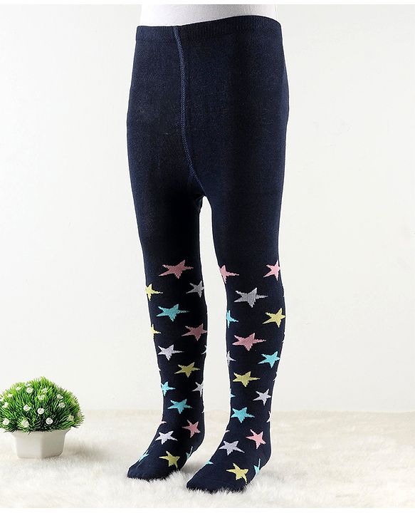 Cute Walk by Babyhug Antibacterial Footie Tights with Star   Design - Navy Blue