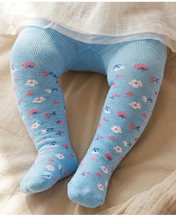 Cute Walk by Babyhug Antibacterial Footie Tights with Floral Design - Sky Blue