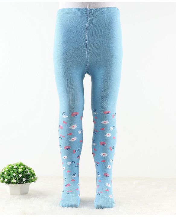 Cute Walk by Babyhug Antibacterial Footie Tights with Floral Design - Sky Blue