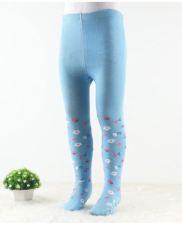Cute Walk by Babyhug Antibacterial Footie Tights with Floral Design - Sky Blue