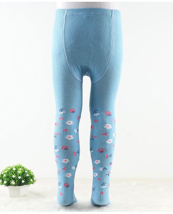 Cute Walk by Babyhug Antibacterial Footie Tights with Floral Design - Sky Blue