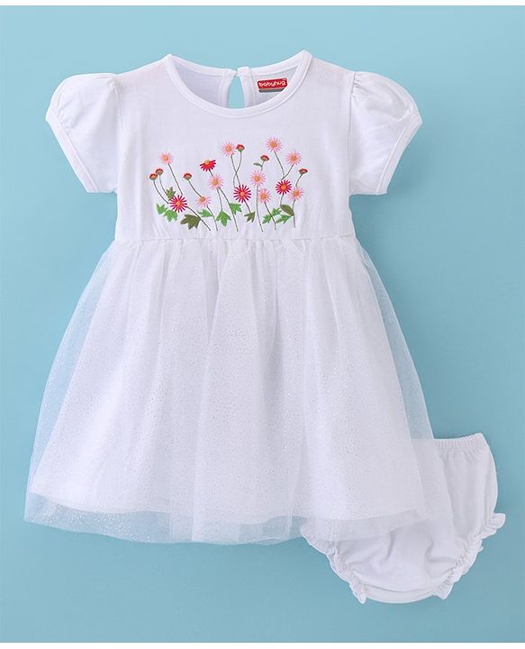 Babyhug Cotton Knit Half Sleeves Floral Embroidered Frock With Bloomer & Mesh Overlay - White