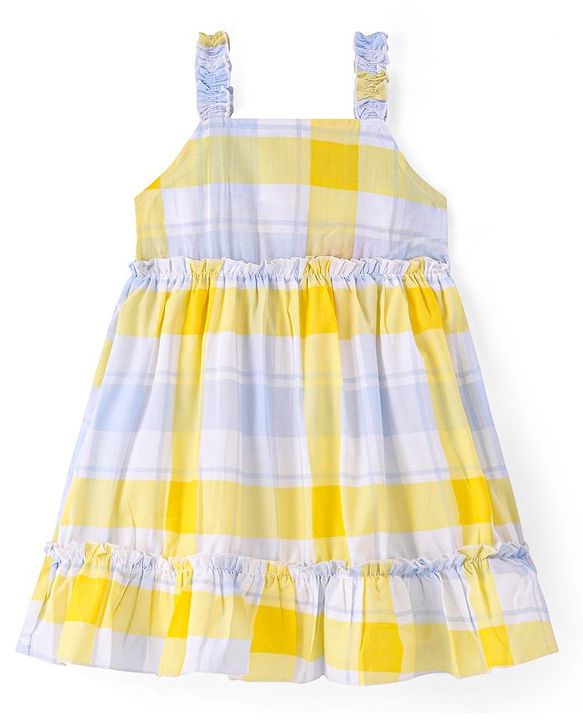 Babyhug Single Jersey Knit Singlet Sleeves Tiered Checkered Frock - Yellow & Blue
