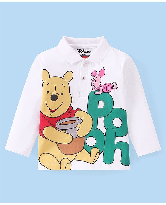 Babyhug Disney Cotton Knit Full Sleeve Polo T-Shirt With Winnie the Pooh Print - White