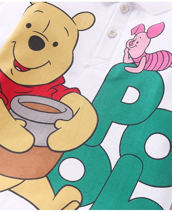 Babyhug Disney Cotton Knit Full Sleeve Polo T-Shirt With Winnie the Pooh Print - White