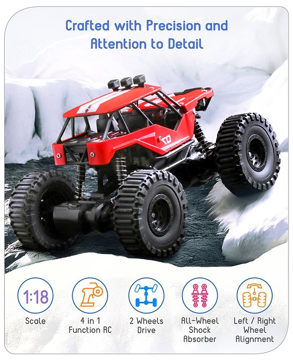 Babyhug Off Roader 1:18 Four Funtions Red Rechargeable Rock Crawler RC Car|Big Rubber Wheels|Range Upto 70 Ft.|Shock Absorbers|BIS certified|Gifting Toy