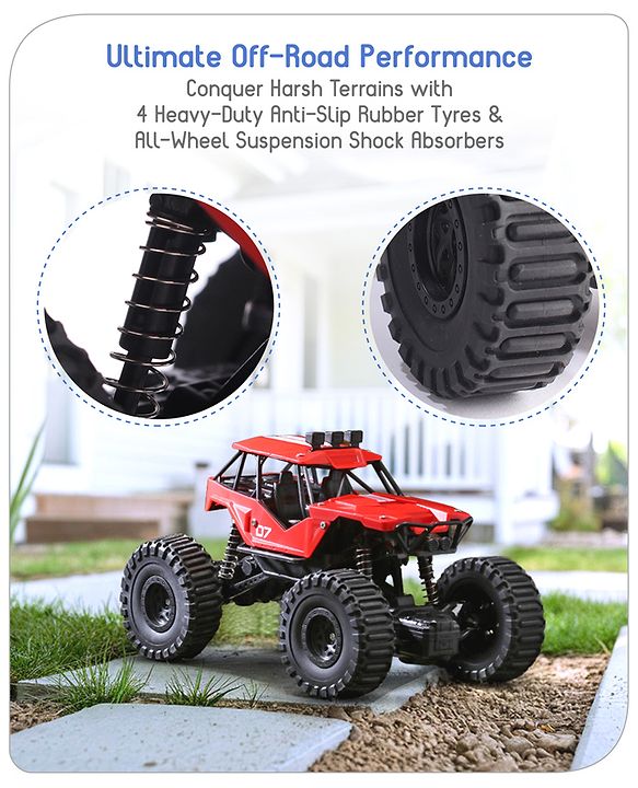 Babyhug Off Roader 1:18 Four Funtions Red Rechargeable Rock Crawler RC Car|Big Rubber Wheels|Range Upto 70 Ft.|Shock Absorbers|BIS certified|Gifting Toy