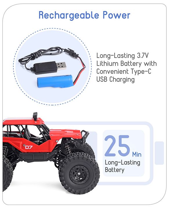 Babyhug Off Roader 1:18 Four Funtions Red Rechargeable Rock Crawler RC Car|Big Rubber Wheels|Range Upto 70 Ft.|Shock Absorbers|BIS certified|Gifting Toy