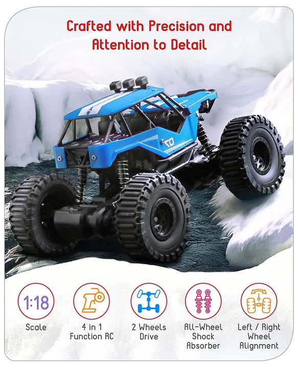 Babyhug Off Roader 1:18 Four Funtions Red Rechargeable Rock Crawler RC Car|Big Rubber Wheels|Range Upto 70 Ft.|Shock Absorbers|BIS certified|Gifting Toy