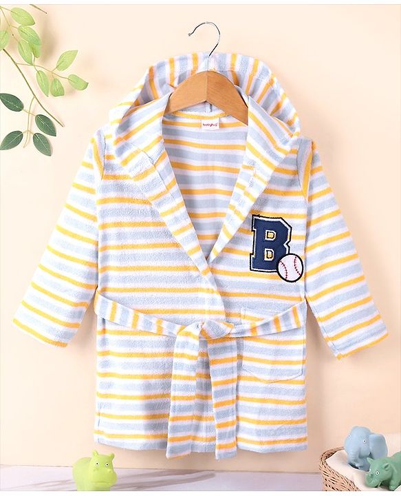 Babyhug Cotton Knit Full Sleeves Striped Bathrobe with Hood - Multicolor