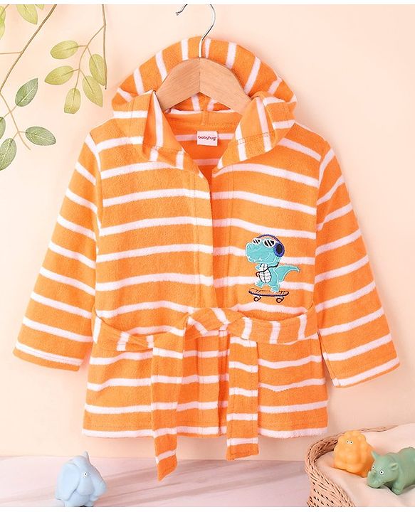 Babyhug Cotton Knit Full Sleeves Striped Hooded  Bathrobe with Dino Embroidery - Orange