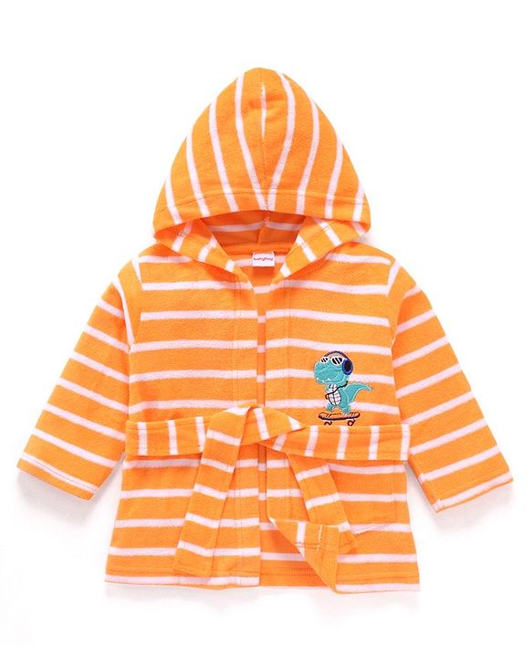 Babyhug Cotton Knit Full Sleeves Striped Hooded  Bathrobe with Dino Embroidery - Orange