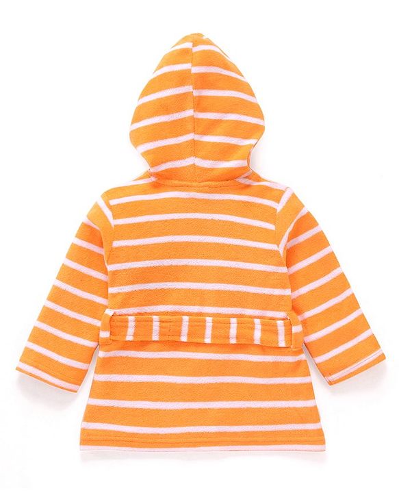 Babyhug Cotton Knit Full Sleeves Striped Hooded  Bathrobe with Dino Embroidery - Orange