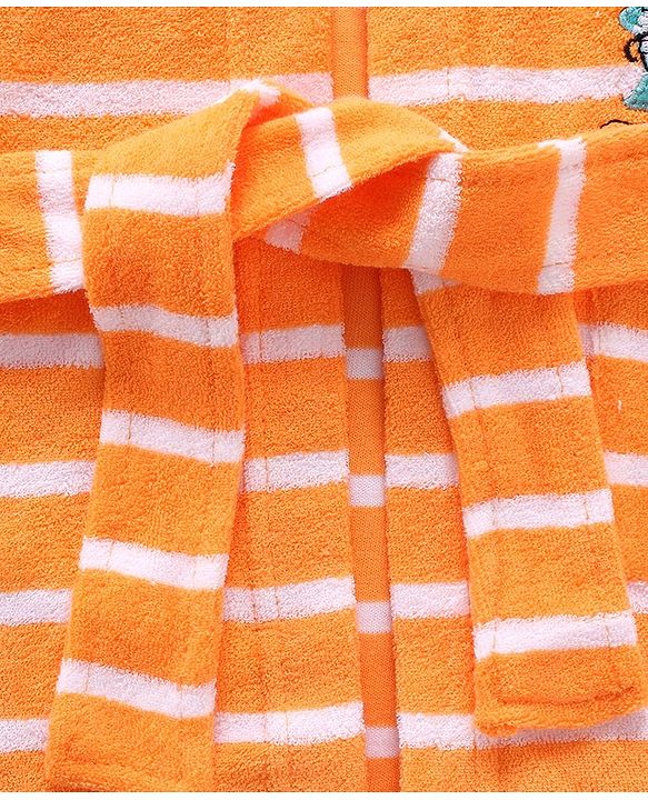 Babyhug Cotton Knit Full Sleeves Striped Hooded  Bathrobe with Dino Embroidery - Orange