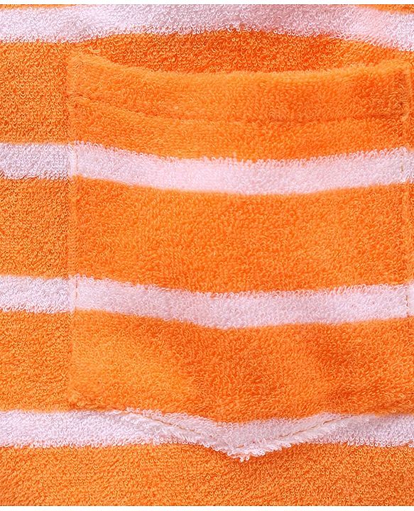 Babyhug Cotton Knit Full Sleeves Striped Hooded  Bathrobe with Dino Embroidery - Orange