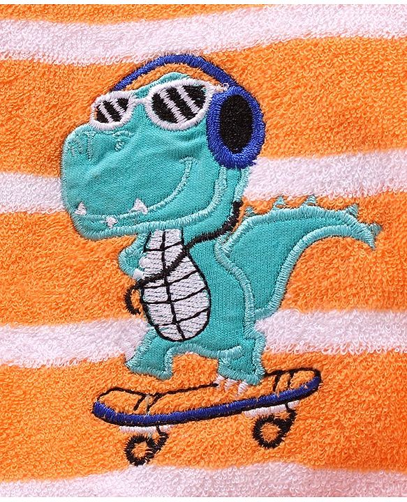 Babyhug Cotton Knit Full Sleeves Striped Hooded  Bathrobe with Dino Embroidery - Orange