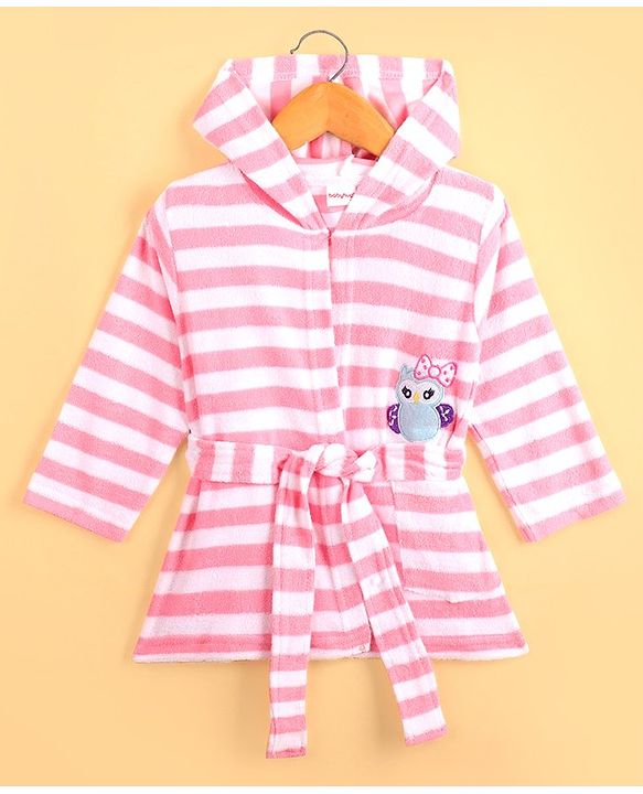 Babyhug Cotton Knit Full Sleeves Striped Hooded  Bathrobe with Owl Embroidery - White & Pink