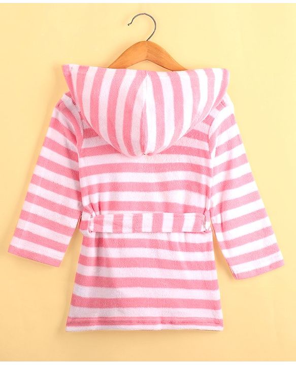 Babyhug Cotton Knit Full Sleeves Striped Hooded  Bathrobe with Owl Embroidery - White & Pink