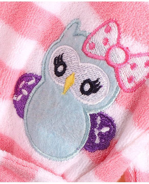 Babyhug Cotton Knit Full Sleeves Striped Hooded  Bathrobe with Owl Embroidery - White & Pink