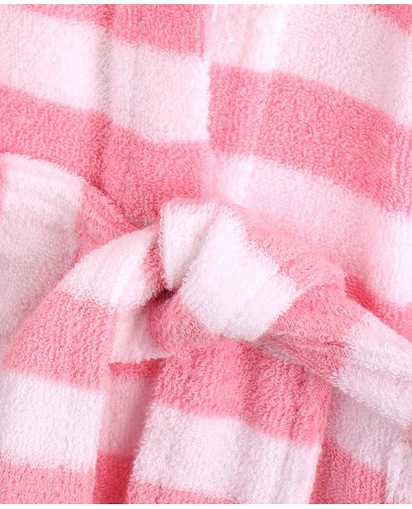 Babyhug Cotton Knit Full Sleeves Striped Hooded  Bathrobe with Owl Embroidery - White & Pink