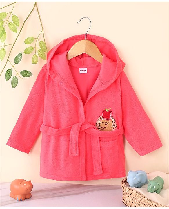 Babyhug Full Sleeves Cotton Knit Hooded Bath Robe  Animal Embroidery with Pocket - Red