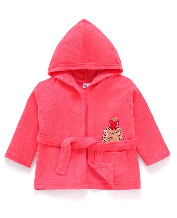 Babyhug Full Sleeves Cotton Knit Hooded Bath Robe  Animal Embroidery with Pocket - Red