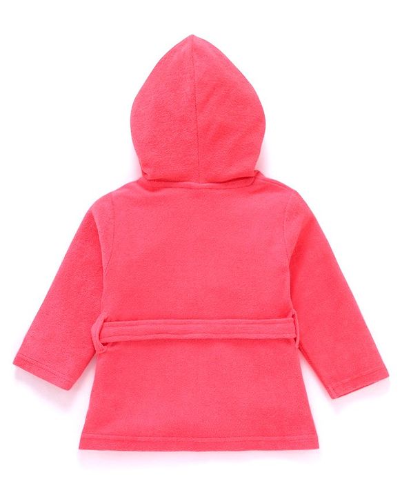 Babyhug Full Sleeves Cotton Knit Hooded Bath Robe  Animal Embroidery with Pocket - Red