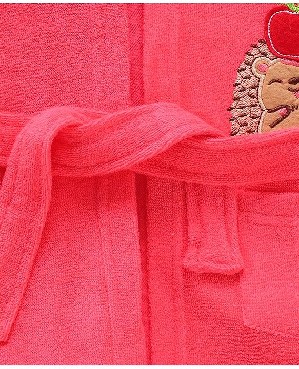Babyhug Full Sleeves Cotton Knit Hooded Bath Robe  Animal Embroidery with Pocket - Red
