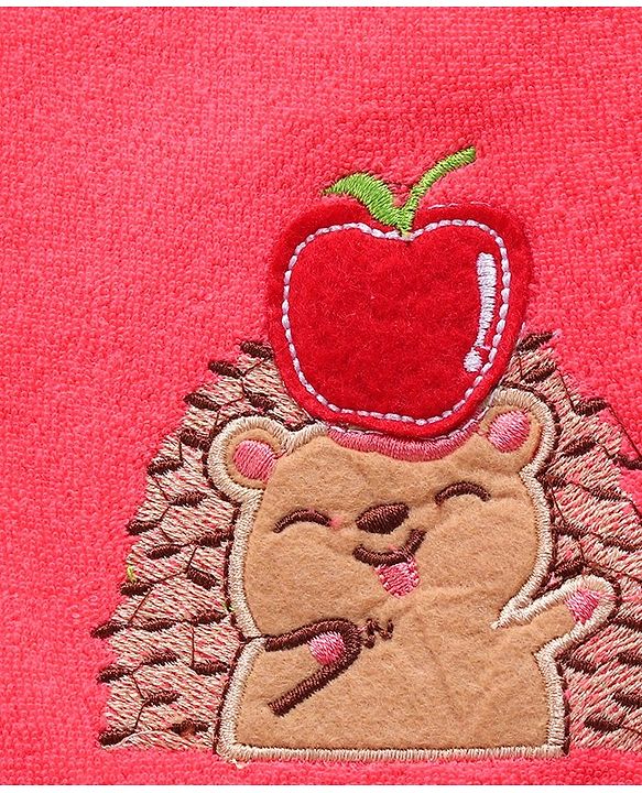 Babyhug Full Sleeves Cotton Knit Hooded Bath Robe  Animal Embroidery with Pocket - Red